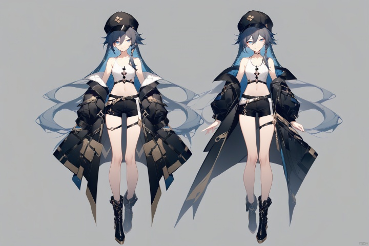  [[fu hua (phoenix)(honkai impact 3rd)]],nai3,1girl,solo,blue eyes
{artist:ask(askzy)}, 
(Multiple views)
long hair,hair between eyes,very long hair,multicolored hair,black jacket,collarbone,thighs,open jacket,boots,black shorts,black footwear,sleeveless shirt,shorts,shirt,off shoulder,black headwear,navel,jacket,hat,grin,eyebrows visible through hair,bangs,:d,