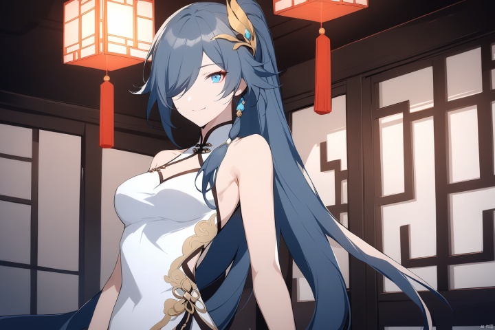  [[fu hua (phoenix)(honkai impact 3rd)]], nai3, 1girl, solo, artstyle,
1girl, solo, long hair, breasts, looking at viewer, smile, bangs, blue eyes, black hair, hair ornament, dress, bare shoulders, closed mouth, ponytail, indoors, white dress, hair over one eye, chinese clothes, china dress, fu hua