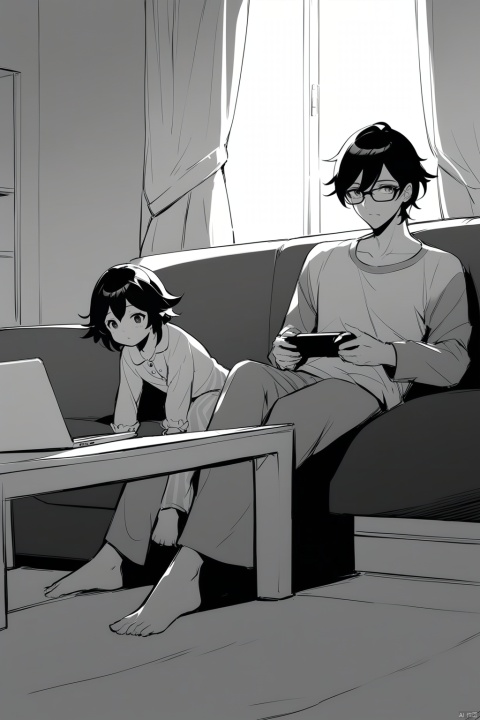  [[fu hua (phoenix)(honkai impact 3rd)]], nai3, 1girl, solo, artstyle,
1girl, short hair, long sleeves, 1boy, sitting, monochrome, greyscale, food, glasses, barefoot, indoors, curtains, child, couch, pajamas, controller, computer, male child, laptop, remote control