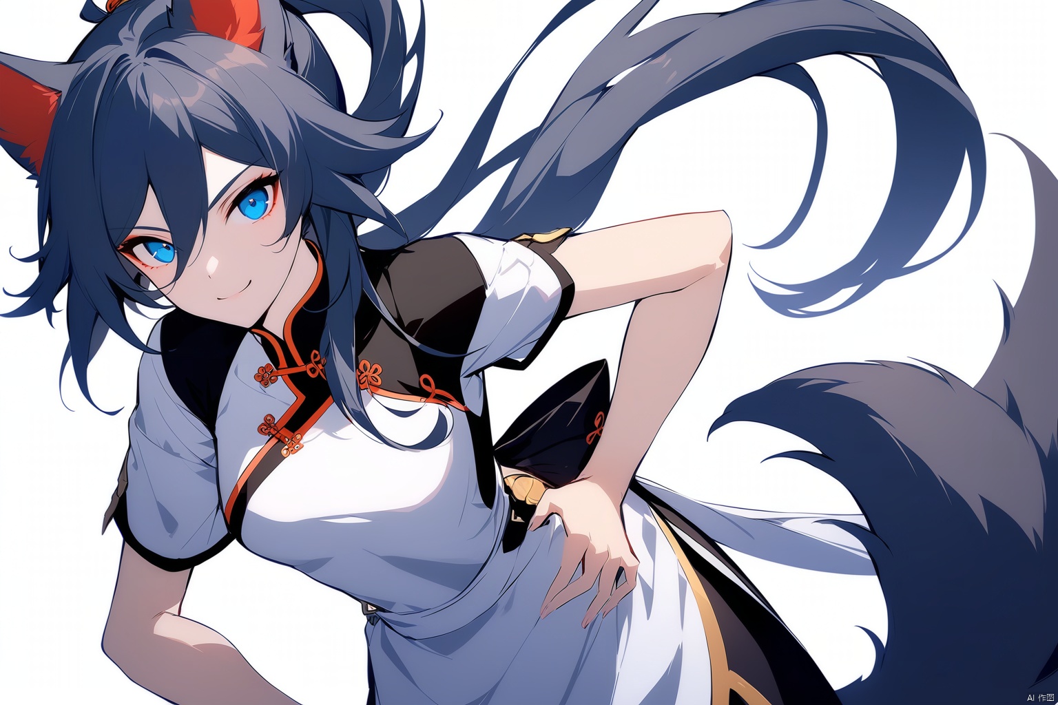 [[fu hua (phoenix)(honkai impact 3rd)]], nai3, 1girl, solo, artstyle,
1girl, solo, long hair, looking at viewer, smile, bangs, blue eyes, simple background, black hair, white background, dress, animal ears,DOG ears, hair between eyes, closed mouth, tail, ponytail, short sleeves, apron, hand on hip, chinese clothes, china dress, dog tail, fu hua