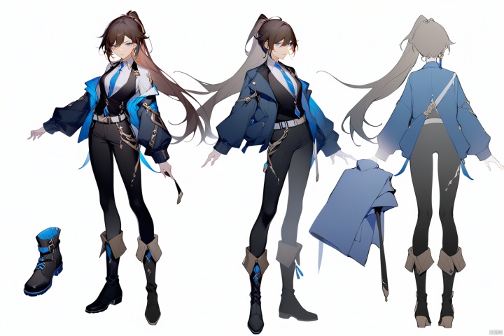  [[fu hua (phoenix)(honkai impact 3rd)]],nai3,1girl,solo,blue eyes
{artist:ask(askzy)}, 
(Multiple views)
1girl, solo, long hair, looking at viewer, blue eyes, simple background, brown hair, shirt, white background, standing, jacket, full body, ponytail, multicolored hair, boots, necktie, belt, pants, black footwear, uniform, thigh boots, blue jacket, blue necktie