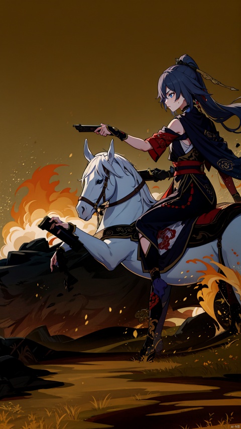 Master level work, high-quality, 4K wallpaper, a warrior from ancient China, riding a Wuzhui horse and holding a shiny silver gun. The background is an ancient battlefield, where smoke and gunpowder rise everywhere, creating a tragic scene.,wuxia,fu hua