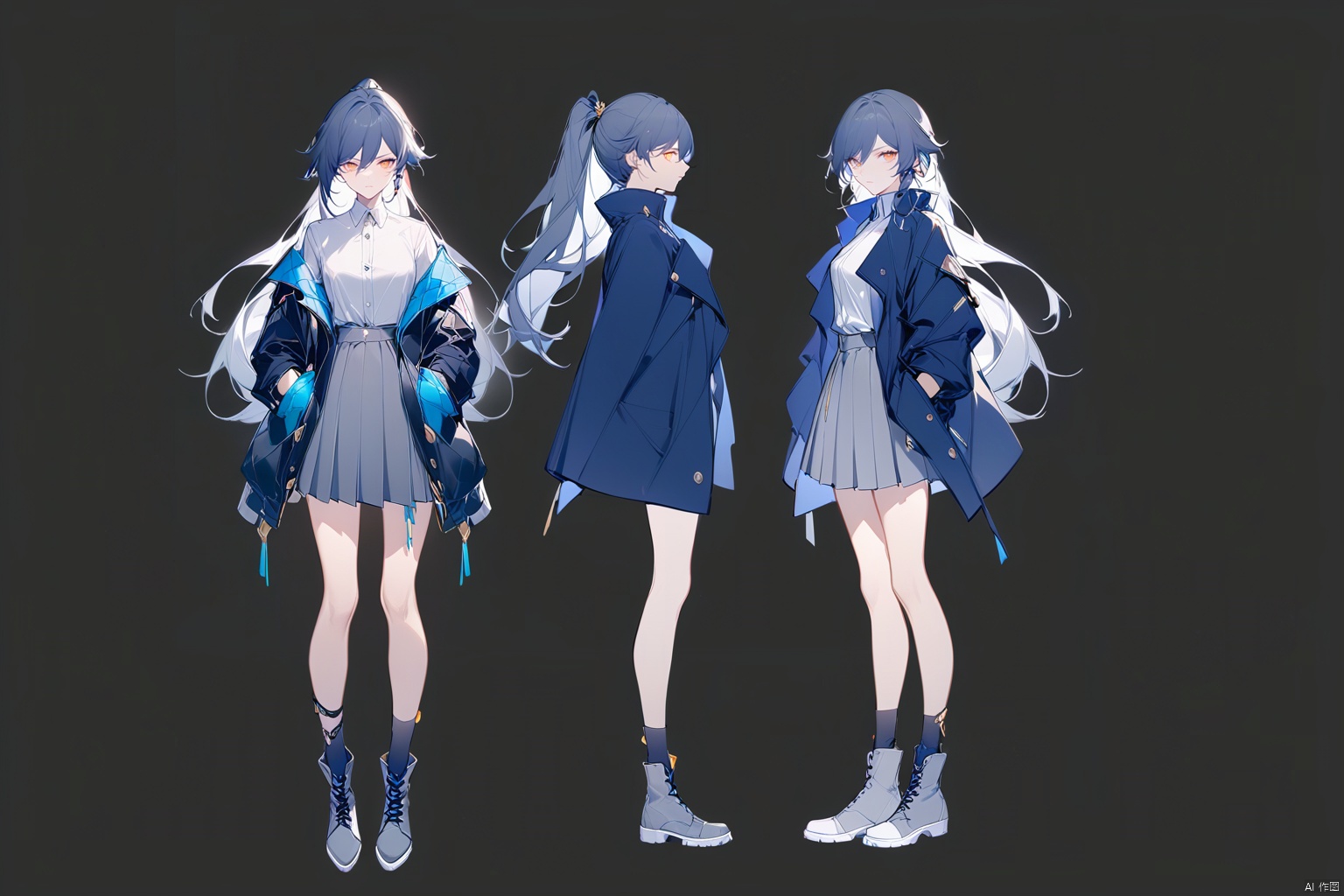 [[fu hua (phoenix)(honkai impact 3rd)]],nai3,1girl,solo,blue eyes
{artist:ask(askzy)}, 
(Multiple views)
1girl, solo, long hair, looking at viewer, skirt, simple background, shirt, black hair, brown eyes, closed mouth, standing, jacket, full body, yellow eyes, ponytail, pleated skirt, boots, open clothes, socks, coat, blue jacket, black background, grey skirt, hands in pockets, grey footwear