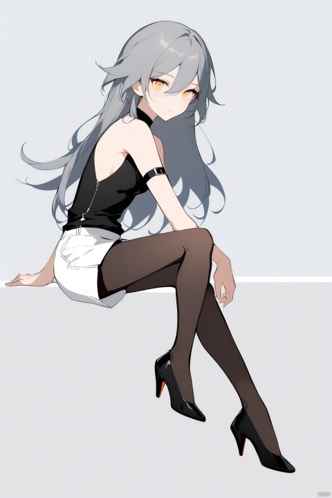 [[fu hua (phoenix)(honkai impact 3rd)]], nai3, 1girl, solo, artstyle,
1girl, solo, long hair, breasts, looking at viewer, bangs, skirt, simple background, shirt, white background, hair between eyes, bare shoulders, sitting, full body, yellow eyes, grey hair, pantyhose, small breasts, shorts, sleeveless, black footwear, high heels, from side, looking to the side, black pantyhose, bare arms, black shirt, sleeveless shirt, arm support, leg up, white skirt, brown pantyhose, white shorts, arm strap