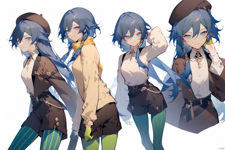  [[fu hua (phoenix)(honkai impact 3rd)]],nai3,1girl,solo,blue eyes
{artist:ask(askzy)}, 
(Multiple views)
hair between eyes,bangs,hat,long sleeves,blue eyes,solo,1girl,long hair,smile,gloves,fu hua,grey hair,(yellow sweater),green legwear,green vertical-striped legwear,vertical-striped legwear,pantyhose,belt,cross-laced footwear,brown jacket,beret,brown shorts,yellow scarf,