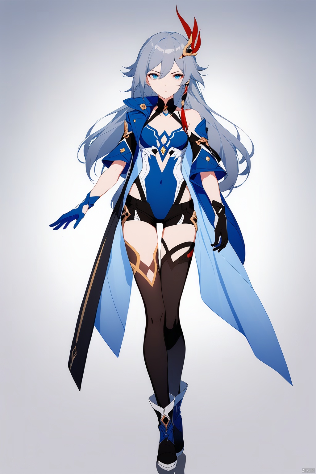  [[fu hua (phoenix)(honkai impact 3rd)]], nai3, 1girl, solo, artstyle,
1girl, solo, long hair, breasts, looking at viewer, bangs, blue eyes, simple background, hair ornament, thighhighs, gloves, white background, hair between eyes, closed mouth, standing,, full body, grey hair, small breasts, boots, open clothes, shorts, black gloves, black thighhighs, black footwear, leotard, short shorts, covered navel, black shorts, blue jacket, blue gloves, blue leotard, fu hua