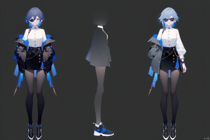  [[fu hua (phoenix)(honkai impact 3rd)]],nai3,1girl,solo,blue eyes
{artist:ask(askzy)}, 
(Multiple views)
1girl, solo, looking at viewer, short hair, skirt, simple background, shirt, hair between eyes, closed mouth, blue hair, standing, jacket, full body, white shirt, pantyhose, shoes, black skirt, black footwear, black jacket, black pantyhose, buttons, sunglasses, black background, hand in pocket, hands in pockets