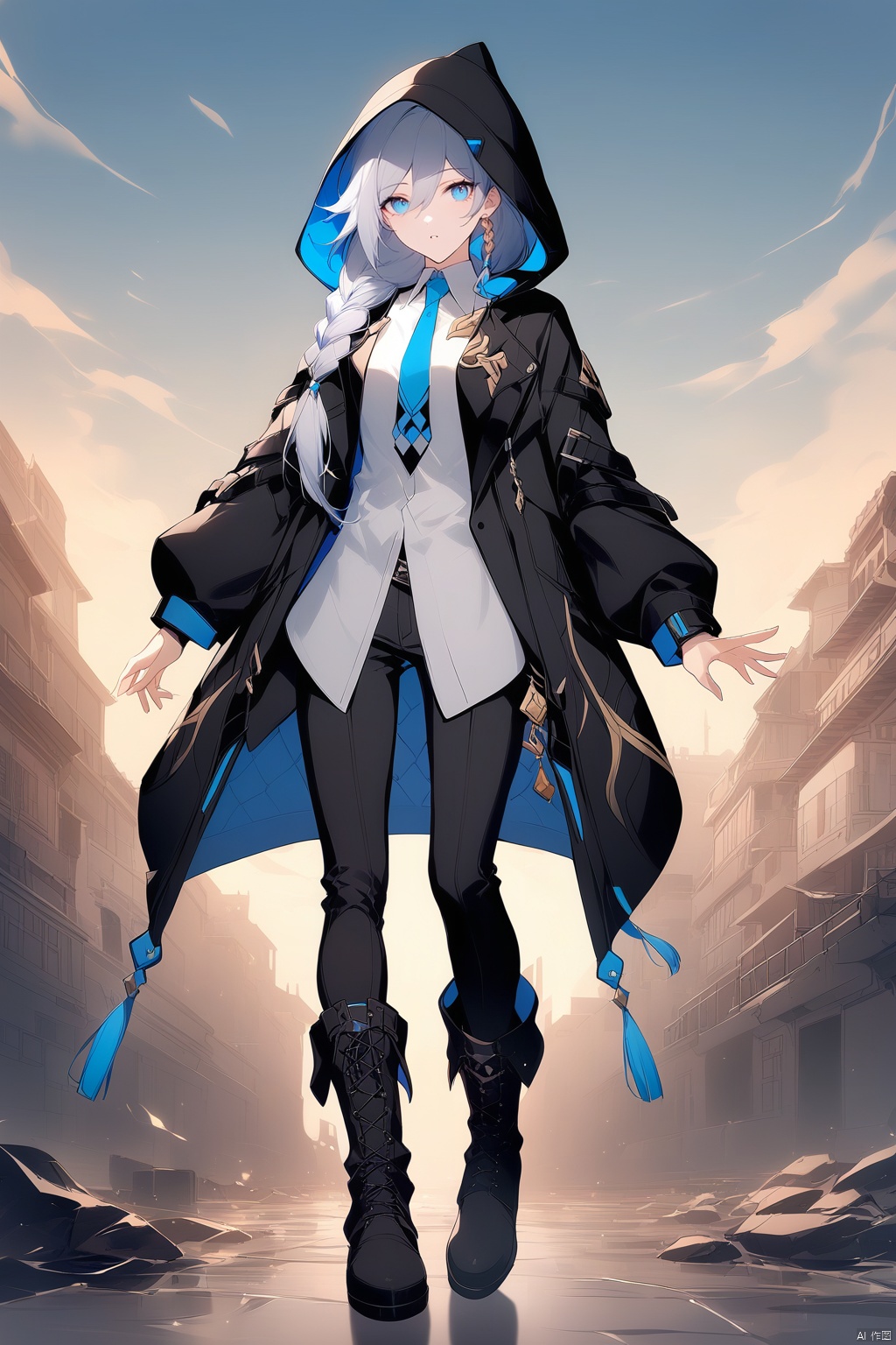  [[fu hua (phoenix)(honkai impact 3rd)]], nai3, 1girl, solo, artstyle,
1girl, solo, long hair, looking at viewer, long sleeves, hat, white background, , hooded jacket, hood up, hair between eyes, jewelry,   standing, jacket, full body, blue eyes, braid, white hair, parted lips
standing, jacket, full body,  female focus, boots, outdoors, necktie, pants, black jacket, black pants, ,leather_clothes