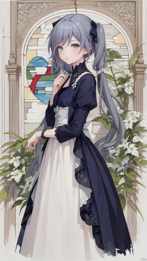  Illustration of a grey anime twintails wavy hair girl wearing a Gothic lace dress in the style of the Edwardian era, captured in a vintage etching. Her dress is adorned with intricate details reminiscent of Damascus steel. beautiful colorful stained glass ,twintails, cute, fu hua