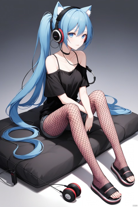 [[fu hua (phoenix)(honkai impact 3rd)]],nai3, headphones,fishnets,long hair,thighhighs,headphones around neck,multicolored hair,twintails,headset,collarbone,fu hua,stuffed animal,slippers,figure,black shirt,bare shoulders,cat ear headphones,two-tone legwear,striped legwear,short sleeves,off-shoulder shirt,off shoulder,fishnet legwear,bangs,blue eyes,