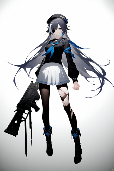 [[fu hua (phoenix)(honkai impact 3rd)]],nai3, 1girl, white hair, solo, long hair, blue eyes, torn clothes, hat, white skirt, white background, skirt, simple background, multicolored hair, boots, gun, smoke, neckerchief, sailor collar, weapon, long sleeves, thighhighs, holding, full body, pleated skirt, eyepatch, black headwear, school uniform, pantyhose, black footwear, bandages, streaked hair, looking at viewer, torn thighhighs, serafuku, bangs, bandaged leg, torn pantyhose, closed mouth, beret, black hair, hair over one eye, standing, black thighhighs, breasts