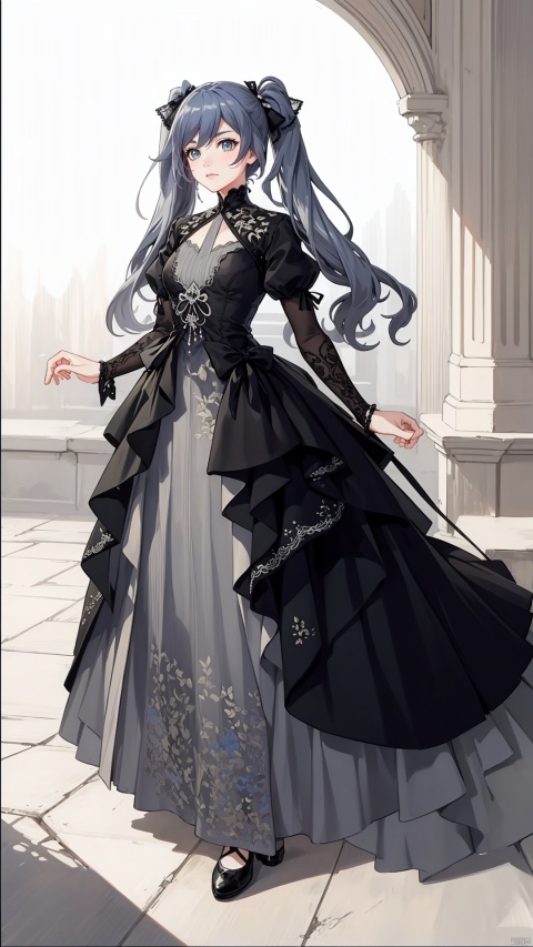  Illustration of a grey anime twintails wavy hair girl wearing a Gothic lace dress in the style of the Edwardian era, captured in a vintage etching. Her dress is adorned with intricate details reminiscent of Damascus steel. beautiful colorful stained glass ,twintails, cute, fu hua