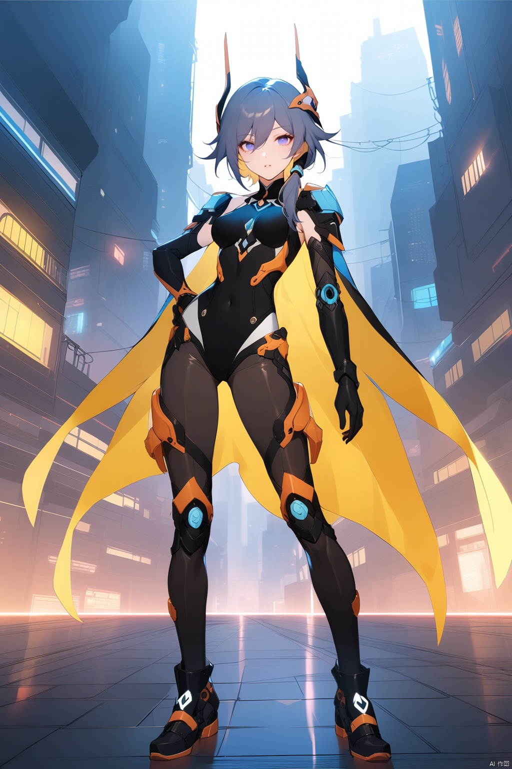  [[fu hua (phoenix)(honkai impact 3rd)]], nai3, 1girl, solo, artstyle,
1girl, solo, breasts, looking at viewer, short hair, open mouth, bangs, blue eyes, blonde hair, thighhighs, gloves, hair between eyes, medium breasts, standing, purple eyes, full body, outdoors, parted lips, shoes, black gloves, elbow gloves, cape, armor, leotard, hand on hip, bodysuit, covered navel, night, headgear, building, black leotard, skin tight, science fiction, city, black bodysuit, mechanical arms, cyberpunk