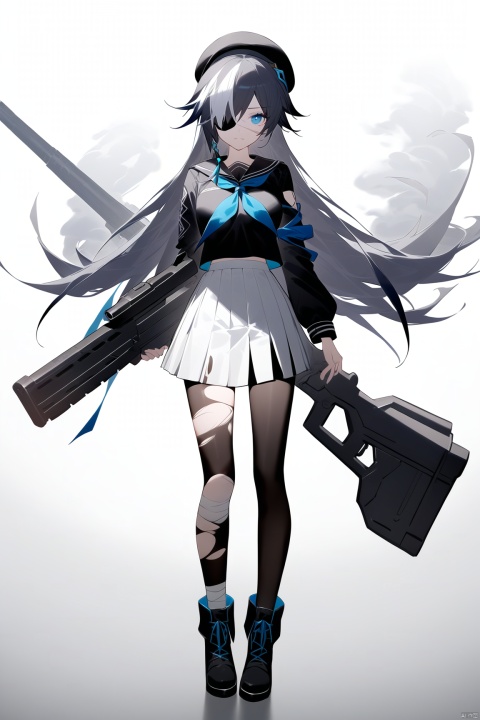 [[fu hua (phoenix)(honkai impact 3rd)]],nai3, 1girl, white hair, solo, long hair, blue eyes, torn clothes, hat, white skirt, white background, skirt, simple background, multicolored hair, boots, gun, smoke, neckerchief, sailor collar, weapon, long sleeves, thighhighs, holding, full body, pleated skirt, eyepatch, black headwear, school uniform, pantyhose, black footwear, bandages, streaked hair, looking at viewer, torn thighhighs, serafuku, bangs, bandaged leg, torn pantyhose, closed mouth, beret, black hair, hair over one eye, standing, black thighhighs, breasts