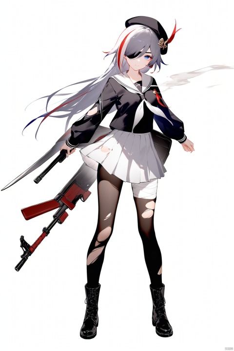 [[fu hua (phoenix)(honkai impact 3rd)]],nai3, 1girl, white hair, solo, long hair, blue eyes, torn clothes, hat, white skirt, white background, skirt, simple background, multicolored hair, boots, gun, smoke, neckerchief, sailor collar, weapon, long sleeves, thighhighs, holding, full body, pleated skirt, eyepatch, black headwear, school uniform, pantyhose, black footwear, bandages, streaked hair, looking at viewer, torn thighhighs, serafuku, bangs, bandaged leg, torn pantyhose, closed mouth, beret, black hair, hair over one eye, standing, black thighhighs, breasts