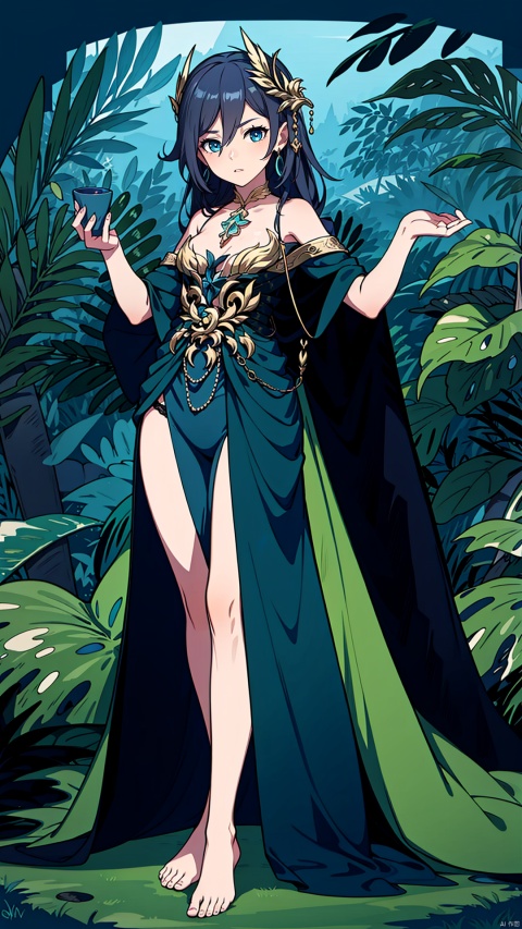 Full body, charming mature anime style lady, 35, in a forest scene, located in an enchanting clearing shrouded by towering old trees and mist, wearing a revealing silk gown that clings to her curves with the gown to the thigh The high slit and sheer lace bodice hinted at the underwear underneath, which was embellished with jewels made of precious metals. Her long hair fell in loose waves over her shoulders, and she rested one hand on a tree trunk, looking barefoot and poised. , integrated with the beauty of nature, ((posture)) coquettish expression, mysterious gaze, embodying not only the original sensibility of the wilderness, but also the exquisite elegance of the nobility.