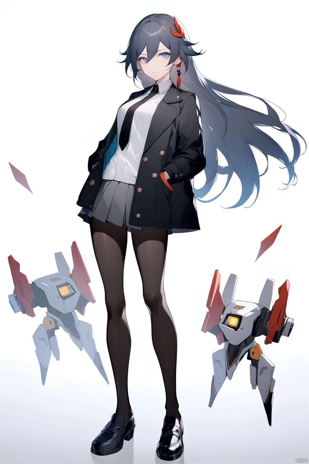  [[fu hua (phoenix)(honkai impact 3rd)]], nai3, 1girl, solo, artstyle,
1girl, solo, long hair, looking at viewer, bangs, blue eyes, skirt, simple background, black hair, hair ornament, white background, hair between eyes, school uniform, standing, jacket, full body, pantyhose, pleated skirt, open clothes, necktie, shoes, black footwear, coat, black pantyhose, robot, open coat, hands in pockets