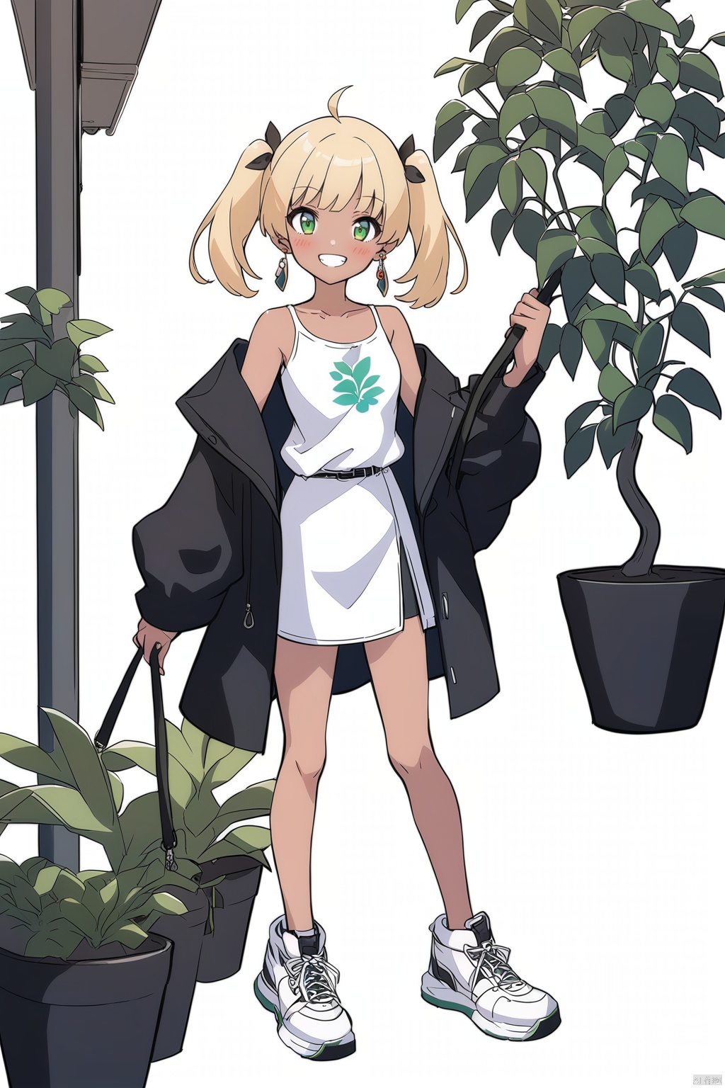 nai3, 1girl, solo, artstyle,
1girl, solo, looking at viewer, blush, smile, short hair, open mouth, bangs, skirt, blonde hair, simple background, shirt, hair ornament, long sleeves, white background, holding, twintails, jewelry, green eyes, standing, collarbone, jacket, full body, white shirt, ahoge, earrings, open clothes, shoes, teeth, dark skin, off shoulder, bag, grin, open jacket, dark-skinned female, two side up, coat, black jacket, white footwear, white skirt, plant, sneakers, open coat, black coat, handbag, holding bag, print shirt