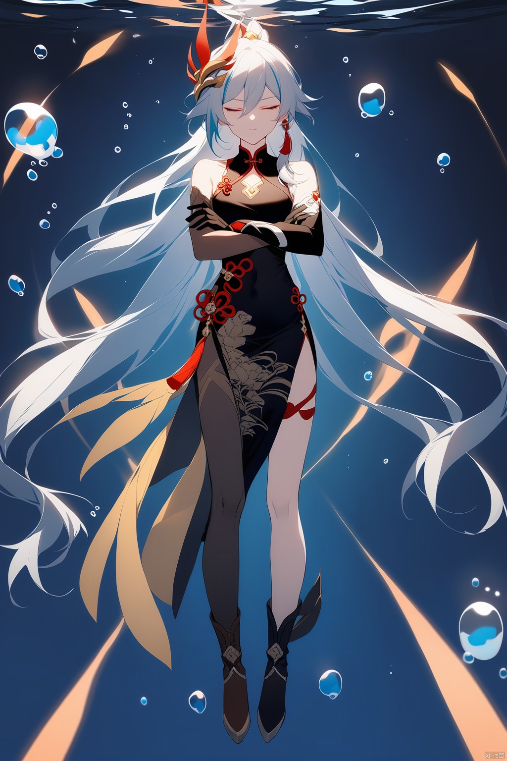  [[fu hua (phoenix)(honkai impact 3rd)]], nai3, 1girl, solo, artstyle,
1girl, solo, long hair, bangs, hair ornament, gloves, dress, hair between eyes, bare shoulders, closed mouth, full body, closed eyes, ponytail, white hair, multicolored hair, boots, black gloves, black footwear, streaked hair, brown footwear, chinese clothes, crossed arms, single thighhigh, china dress, floating, bubble, underwater, asymmetrical gloves, mismatched gloves, fu hua