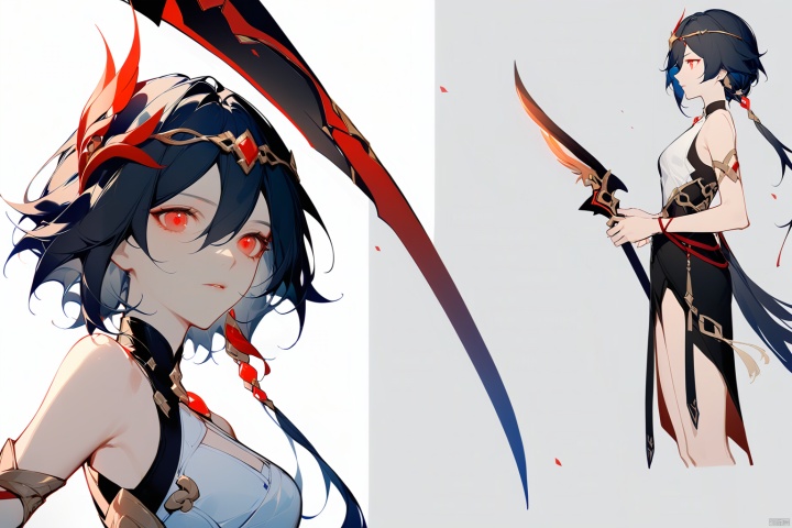  [[fu hua (phoenix)(honkai impact 3rd)]],nai3,1girl,solo,blue eyes
{artist:ask(askzy)}, 
(Multiple views)
circlet,gem,hair ornament,holding weapon,red eyes,weapon,short hair,sleeveless,black hair,1girl,solo,