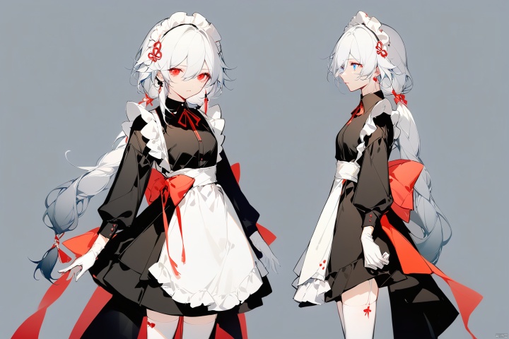  [[fu hua (phoenix)(honkai impact 3rd)]],nai3,1girl,solo,blue eyes
{artist:ask(askzy)}, 
(Multiple views)
red eyes,long hair,hair between eyes,very long hair,white hair,maid headdress,bangs,maid,long sleeves,hair ornament,braid,thighhighs,white apron,wa maid,frilled apron,red bow,black dress,dress,maid apron,white gloves,low twintails,apron,jewelry,multicolored hair,