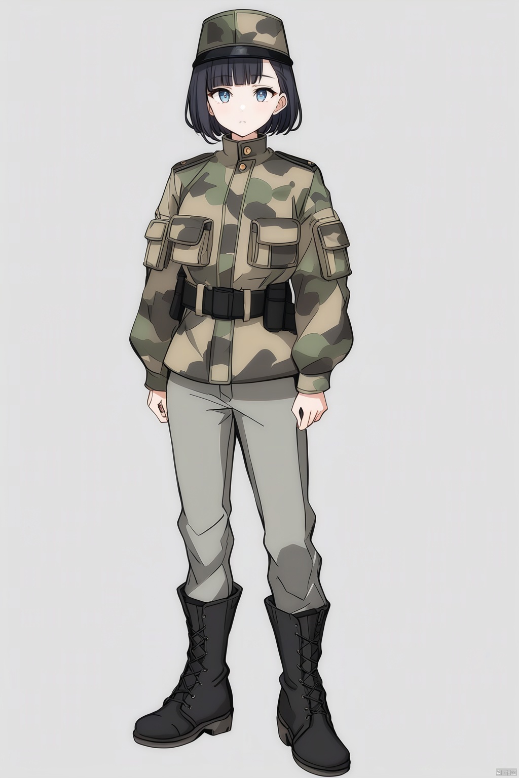 nai3, 1girl, solo, artstyle,
1girl, solo, looking at viewer, short hair, bangs, blue eyes, simple background, black hair, long sleeves, hat, white background, standing, jacket, full body, boots, belt, pants, black footwear, uniform, coat, military, military uniform, camouflage, grey pants, camouflage jacket, camouflage pants,(((((18y.o.))))))