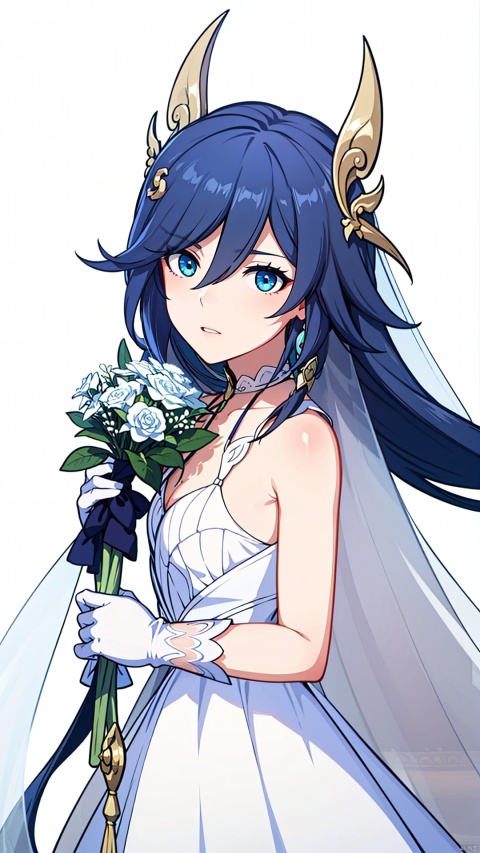 (masterpiece:1.3),(the best quality:1.2),(super fine illustrations:1.2),(Masterpiece),high quality,high detail,(white background:1.2),looking at viewer,(SOLO:1.4),outline,simple background,(ornamented long blue hair, expensive detailed white wedding dress design by Clare Waight Keller, white bride veil, long white gloves), walking to the altar, holding a bouquet, fu hua,,, fu hua,blue_eyes,hair_between_eyes,fu_hua,