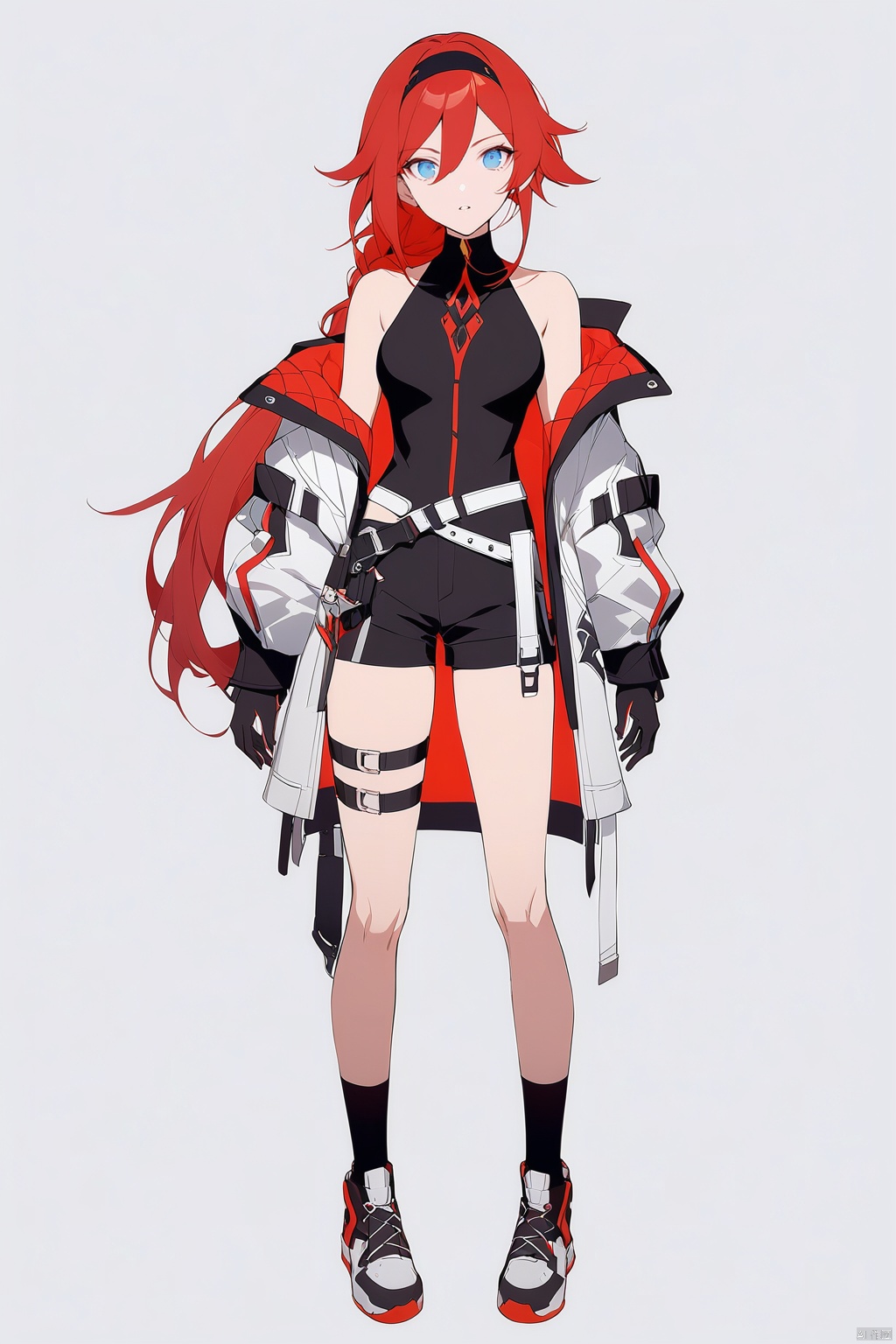  [[fu hua (phoenix)(honkai impact 3rd)]], nai3, 1girl, solo, artstyle,
1girl, solo, long hair, looking at viewer, bangs, blue eyes, simple background, gloves, white background, bare shoulders, very long hair, standing, jacket, full body, ponytail, braid, red hair, hairband, parted lips, open clothes, shoes, shorts, sleeveless, black gloves, socks, belt, off shoulder, open jacket, thigh strap, white jacket, sneakers
