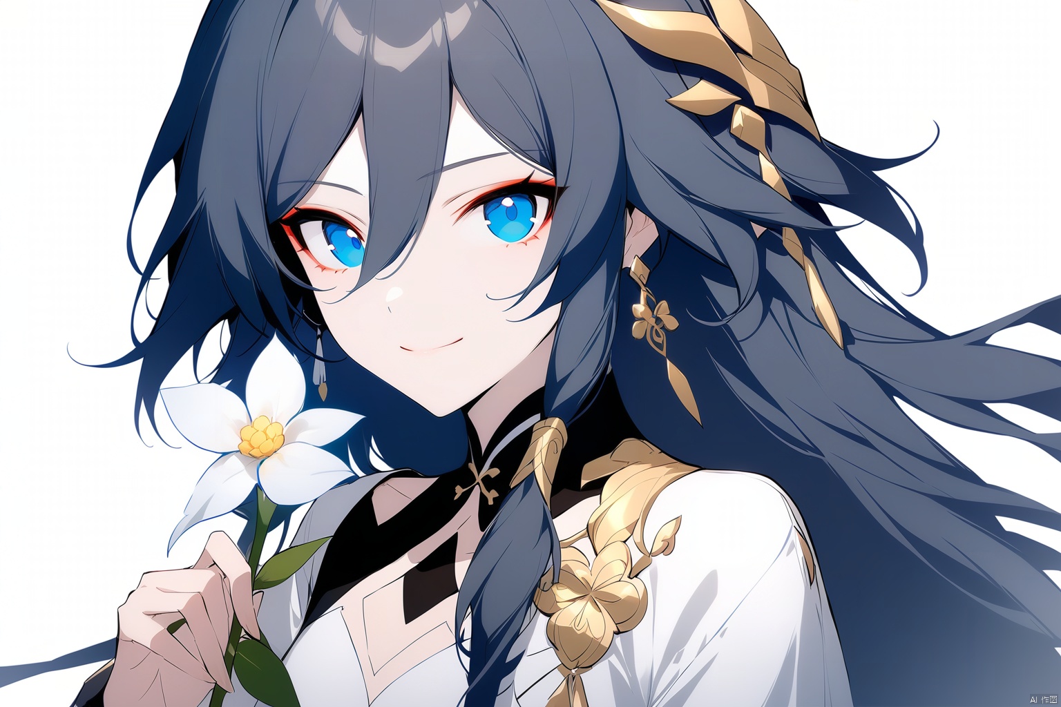 [[fu hua (phoenix)(honkai impact 3rd)]], nai3, 1girl, solo, artstyle,
1girl, solo, long hair, looking at viewer, smile, bangs, blue eyes, simple background, black hair, hair ornament, long sleeves, white background, dress, holding, hair between eyes, jewelry, closed mouth, flower, earrings, necklace, chinese clothes, white flower, holding flower, fu hua