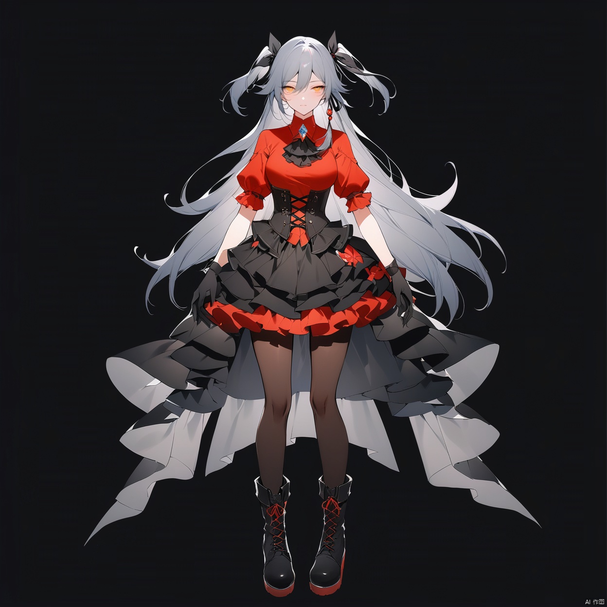 [[fu hua(honkai impact 3rd)]], nai3, 1girl, solo, artstyle,best quality,amazing quality,very aesthetic,absurdres,traditional media,female focus, 
1girl, solo, long hair, looking at viewer, bangs, skirt, shirt, gloves, ribbon, hair between eyes, jewelry, closed mouth, standing, full body, hair ribbon, yellow eyes, short sleeves, grey hair, pantyhose, boots, frills, black gloves, black footwear, two side up, black pantyhose, ascot, black ribbon, mask, frilled skirt, black background, brooch, red shirt, corset, cross-laced footwear, lace-up boots, layered skirt
