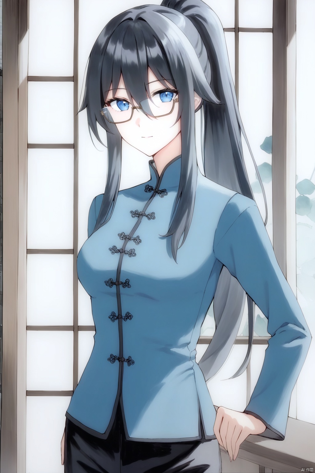 nai3, 1girl, solo, artstyle,best quality,amazing quality,very aesthetic,absurdres,traditional media,female focus, 
1girl, solo, long hair, bangs, blue eyes, black hair, long sleeves, hair between eyes, closed mouth, ponytail, glasses, pants, indoors, chinese clothes, black pants, fu hua