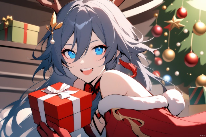 [[fu hua (phoenix)(honkai impact 3rd)]], nai3, 1girl, solo, artstyle,
1girl, solo, long hair, looking at viewer, smile, open mouth, bangs, blue eyes, black hair, hair ornament, gloves, dress, holding, hair between eyes, bare shoulders, :d, teeth, indoors, chinese clothes, box, christmas, gift, red gloves, antlers, christmas tree, christmas ornaments, reindeer antlers, fu hua