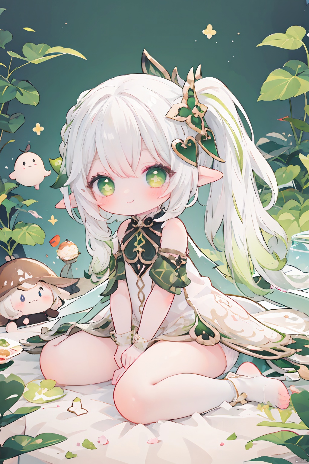  chibi,1girl, solo,  long hair, blush, heterochromia, virtual youtuber, smile, looking at rooom, sleeves past fingers,greed eyes, green eyes,food, ,, bare shoulders, dress,  , nahida,,open legs(),lying down,butt up(2),transparent clothes,  white silk,