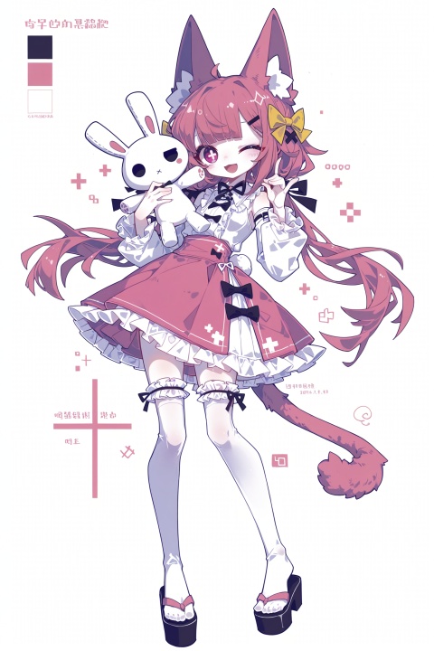 Solo, whole body, 

White background, monochrome theme, outline: 1.2,


Huge file size, amazing quality,multicolored hair,,(imazawa:1.1),(maccha_(mochancc):0.3),(ningen_mame:0.8),(mochizuki_kei:0.75),
／1girl,;d,animal ear fluff,animal ears,blunt bangs,bow,bright pupils,cat ears,cat girl,cat tail,chibi,chibi inset,color guide,cross-shaped pupils,detached sleeves,fox shadow puppet,frilled skirt,frilled thighhighs,frills,full body,hair bow,hair flaps,hair ribbon,hands up,holding,holding stuffed toy,knees together feet apart,layered skirt,long hair,looking at viewer,low twintails,multiple views,okobo,one eye closed,open mouth,pink eyes,pink skirt,platform footwear,platform sandals,ribbon,sandals,shirt,simple background,skirt,smile,sparkle,standing,stuffed animal,stuffed rabbit,stuffed toy,symbol-shaped pupils,tail,thighhighs,twintails,white background,white hair,white pupils,white shirt,white skirt,white thighhighs,yellow bow
