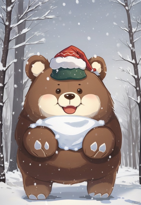  giant bear, winter, snow, nature, pine trees, festive hats, happy expressions, outdoor scene