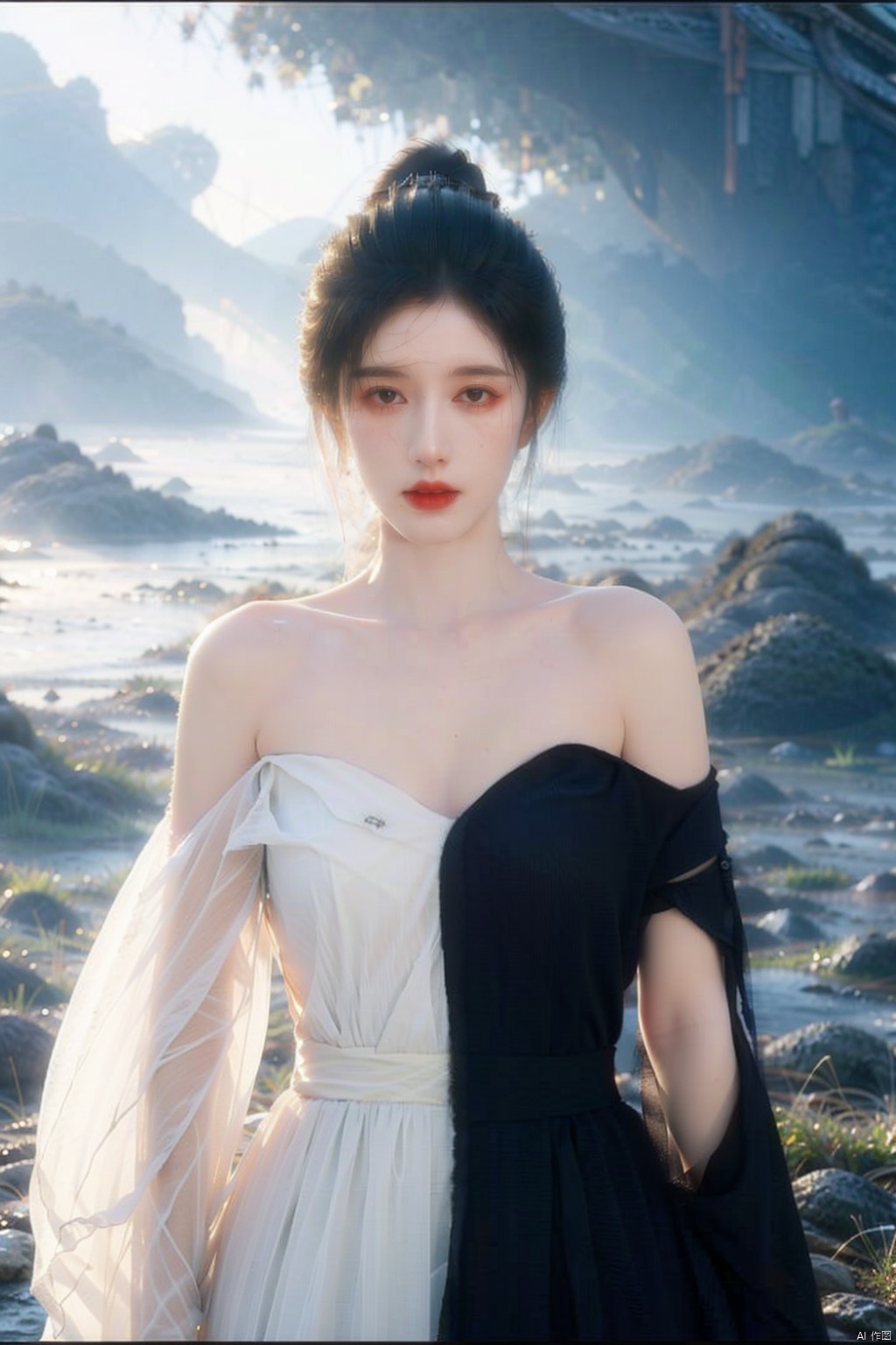 (1girl), light and shadow, wabstyle, glowing, emma, white hair, long hair, wind, two-tone body, two-tone hair, (put nothing on:1.8),cleavage, armor, the end, two faces, erosion, shine tatoo, collapse body, bone, vogue, horizon, solo, (photorealistic:1.4), cowboy shot, flash, time delay, snarl, cinematic angle, , mysterious, magical, obsidain, diamond, backlighting, birth, fluctuation, Walking., foam, 8k, photo, red, translucent, X-ray, goddess, baby, (chakra:1.2), fall, stormy sky, meditation, rage, ghost, dress, time reversal, seething, steam, glowing body, life and death, elegant, Fullbodytat, Hyung Tae Kim, jujingyi, 1girl