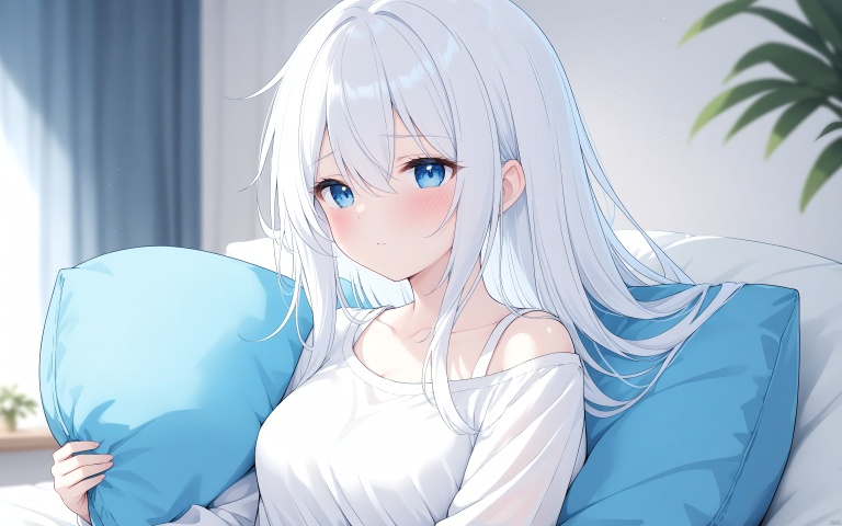  1girl, solo,
blue eyes, white hair, (long hair), hair between eyes, medium breasts, 
white shirt, off shoulder_shirt, long sleeves,
(blush), looking at viewer, half-closed eyes, sleepy, (￣^￣), 
upper body, (holding pillow), sitting,
blurry background,
masterpiece,bestquality