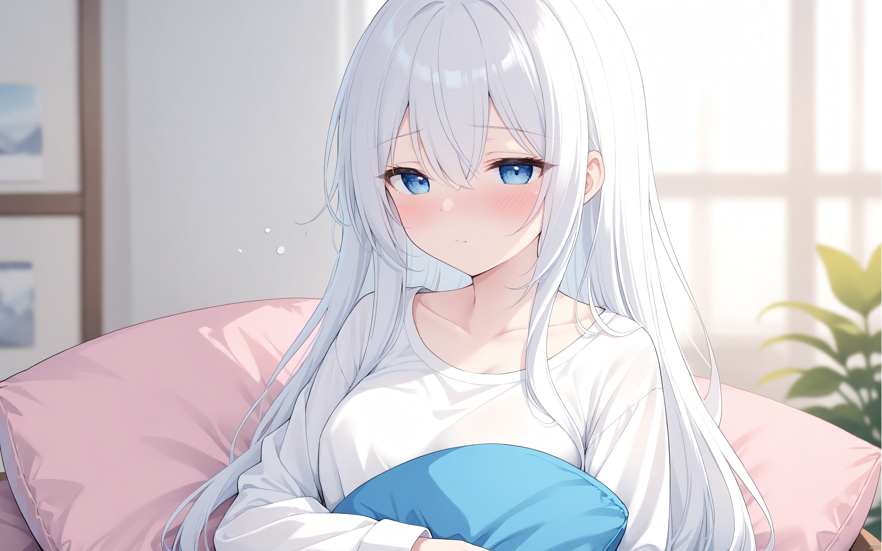  1girl, solo,
blue eyes, white hair, (long hair), hair between eyes, medium breasts, 
white shirt, off shoulder_shirt, long sleeves,
(blush), looking at viewer, half-closed eyes, sleepy, (￣^￣), 
upper body, (holding pillow), sitting,
blurry background,
masterpiece,bestquality