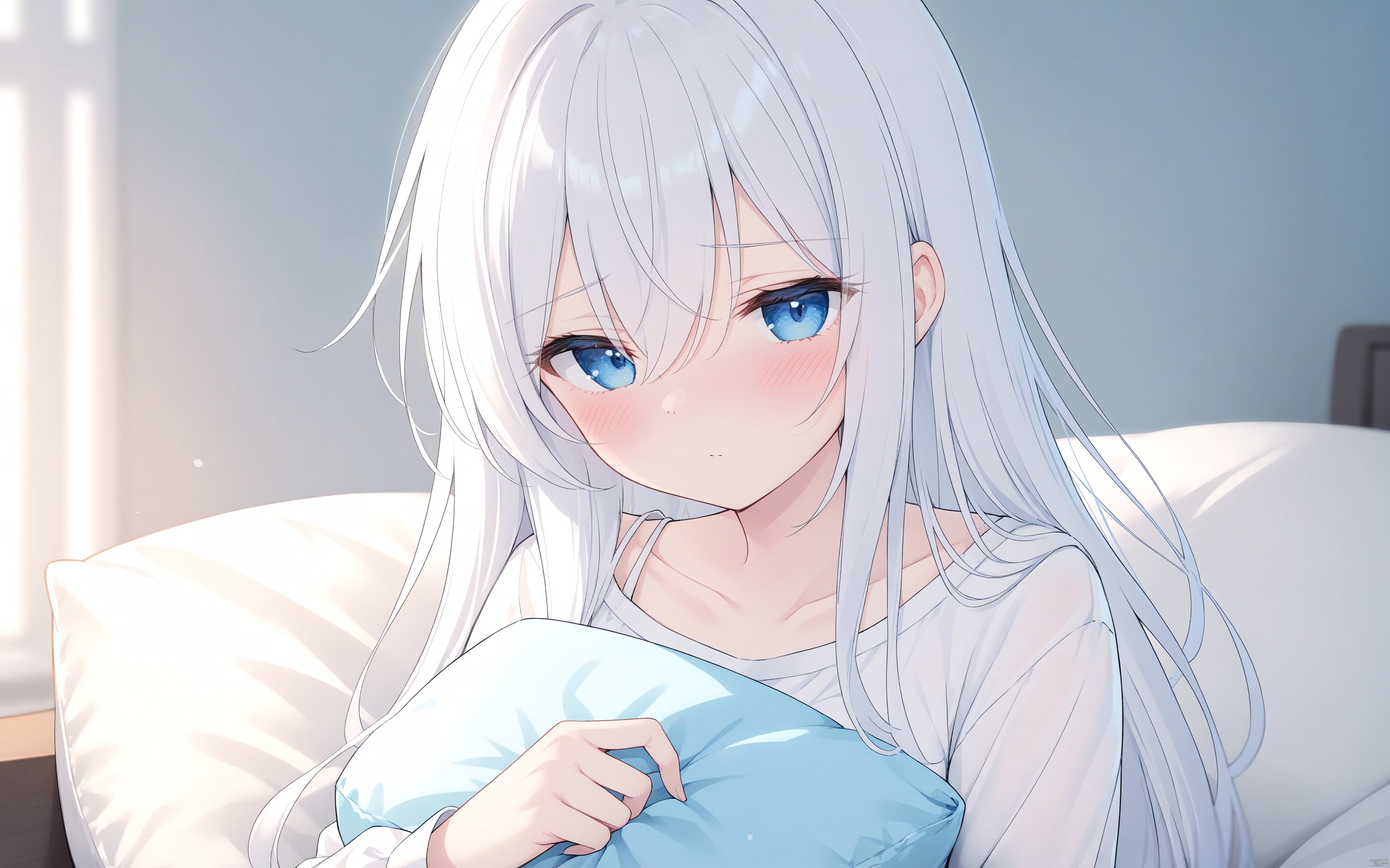  1girl, solo,
blue eyes, white hair, (long hair), hair between eyes, medium breasts, 
white shirt, off shoulder_shirt, long sleeves,
(blush), looking at viewer, half-closed eyes, sleepy, (￣^￣), 
upper body, (holding pillow), sitting,
blurry background,
masterpiece,bestquality