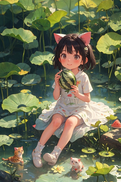 Masterpiece, a cute little girl, solo, eating  watermelon, sit on the wood, (cute cats:1.1), green lotus leaves,  rainbow around,  fascinated by their sweet wonderland, wide angle telephoto shot in relation to the tiny subject, washed in warm pastel colors, light color, bright light, natural light, super detail, 8k,