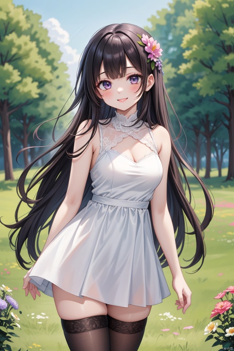  masterpiece,best quality,absurdres,1girl,beautiful detailed girl,fine and beautiful detailed skin,sleeveless_dress,thighhighs,depth of field,smile,long hair,cowboy shot,extremely detailed beautiful background,CG,8K wallpaper,outdoors,flower field,flower sea,nature,flowers meadows,ray tracing,reflectionlight,,,