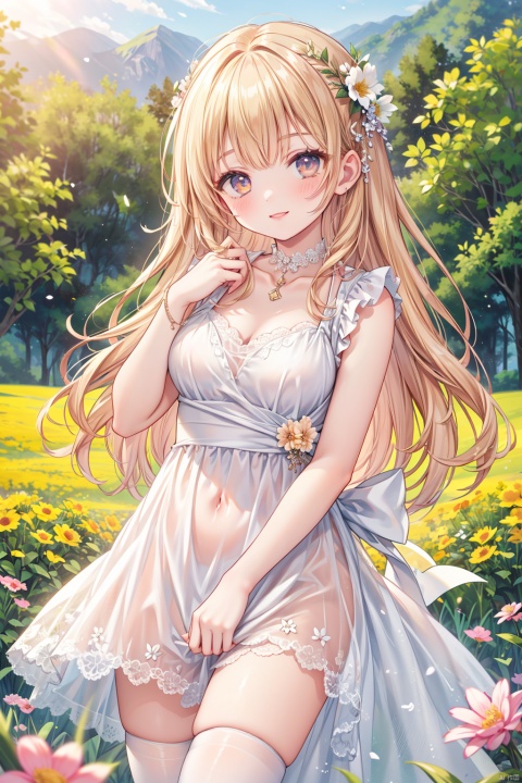  masterpiece,best quality,absurdres,1girl,beautiful detailed girl,fine and beautiful detailed skin,sleeveless_dress,thighhighs,depth of field,smile,long hair,cowboy shot,extremely detailed beautiful background,CG,8K wallpaper,outdoors,flower field,flower sea,nature,flowers meadows,ray tracing,reflectionlight,,,