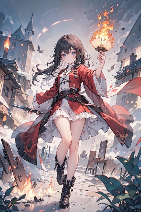  best quality,(masterpiece:1.3),fullbody shot,ultra-detailed,solo,1girl,battle_aura,helical_visible_aura full of background,Magical Fire on hands,cool and powerful pose,red robe,hairclip,burning aura,floating hair,floating fire,heat wave,squating,fire devil,carbonized ground,delicate_features:1.5,Pretty_Face:1.5,smiling,cool,chromatic aberration,dark intense shadows,sharp focus,studio lighting,theatrical point of view,looking at viewer,