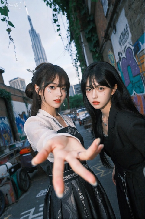 masterpiece, best quality, hyper-realistic photo, 东亚美少女, UHD, 画面采用极具张力的仰拍视角。前景处是几根垂落在肖迪奇石墙上的深绿色藤蔓。中景处,两名少女展现出 Decisive & Heroic 的果敢气质。女孩一留着侧马尾和公主切,眼部的几何眼线镶嵌着璀璨的水钻,她身着剪裁优雅的现代韩服长裙。她正决绝地伸出一只手向远方,仿佛在发出某种邀请,女孩二则扎着低马尾,一刀切刘海显得冷酷,全脸涂抹了玻璃肌妆容。背景是将哈利法塔插入了伦敦肖迪奇布满街头艺术的街道,周围则是最终幻想式的学园废墟建筑与蒸汽云团。光影正处于神秘的蓝色时刻（blue hour）,空间中投射着复杂的花纹投影（gobo patterns）。画面精准捕捉了女孩一伸出的手部那修长的手指关节,以及女孩二嘴唇上冷峻的金属质感。整个空间充满了未来与废墟并置的科幻张力。
