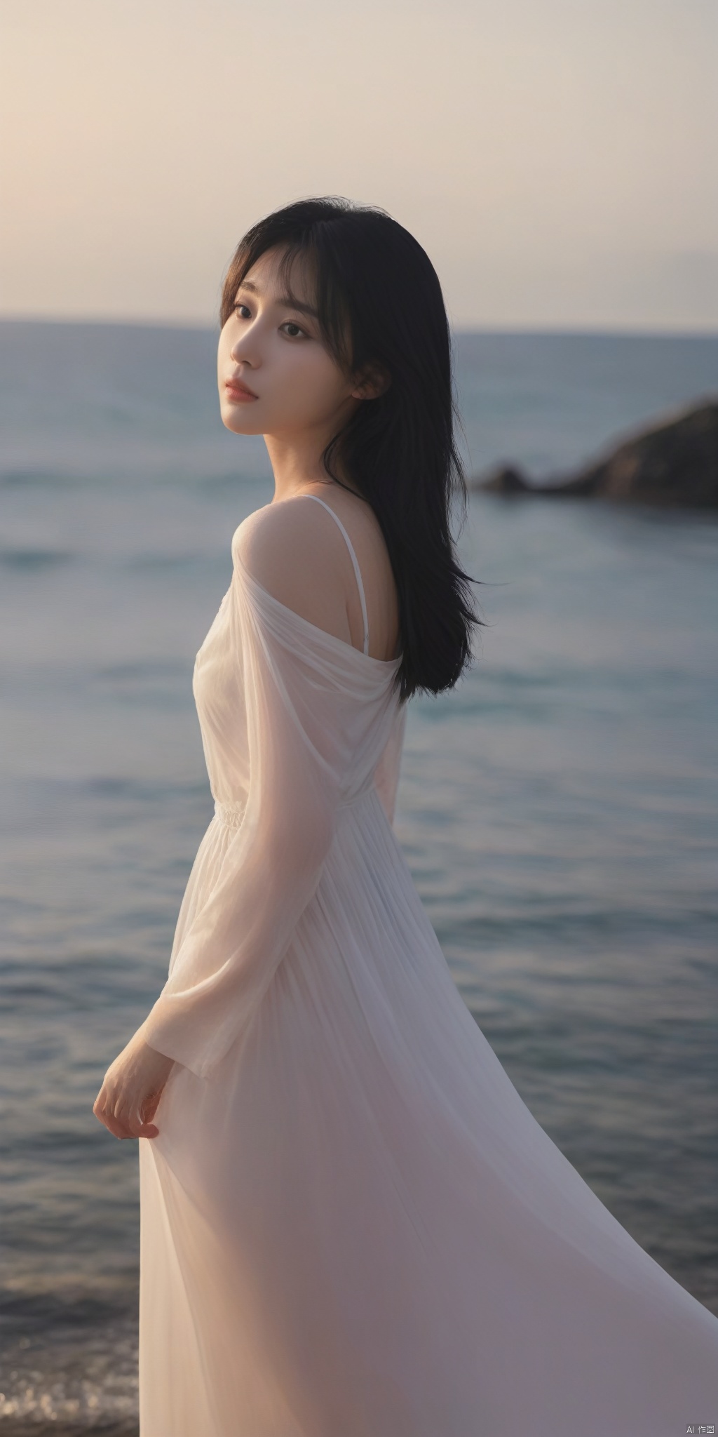  A sexy girl stands by the seaside, (((no clothes))),bathed in the lingering glow of the setting sun on her smooth back. She turns sideways, facing the camera with a full figure, a smiling face, and short hair，best quality,depth of field, cinematic composition, best lighting,light master,RAW photo, dslr, film grain, Fujifilm XT3, night shot, light master,