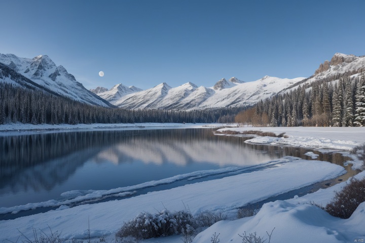 Snow-capped mountains, lakes, a serene blue ambiance, with a large moon hanging above the snowy peaks.