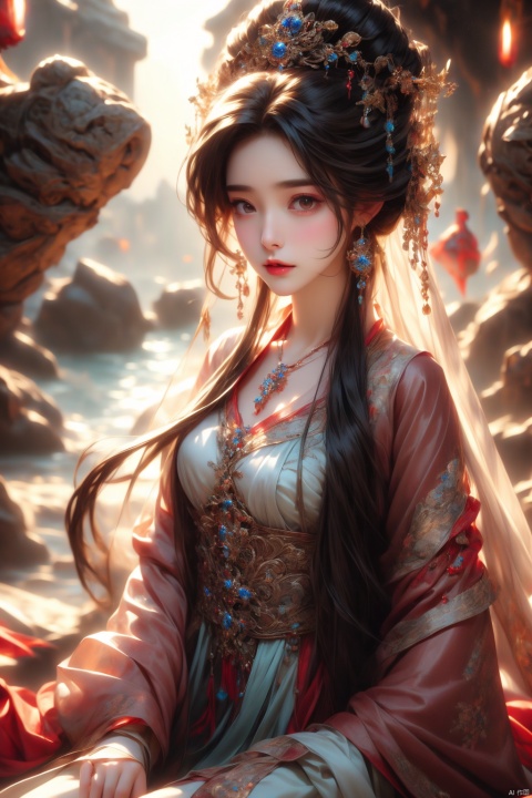  European woman, long hair, realistic, masterpiece, high detailed skin, looking at viewer, outdoor view, solo, full body shot, hanfu, Crystal Earring, Crystal Necklace, 1girl,moyou，sexy