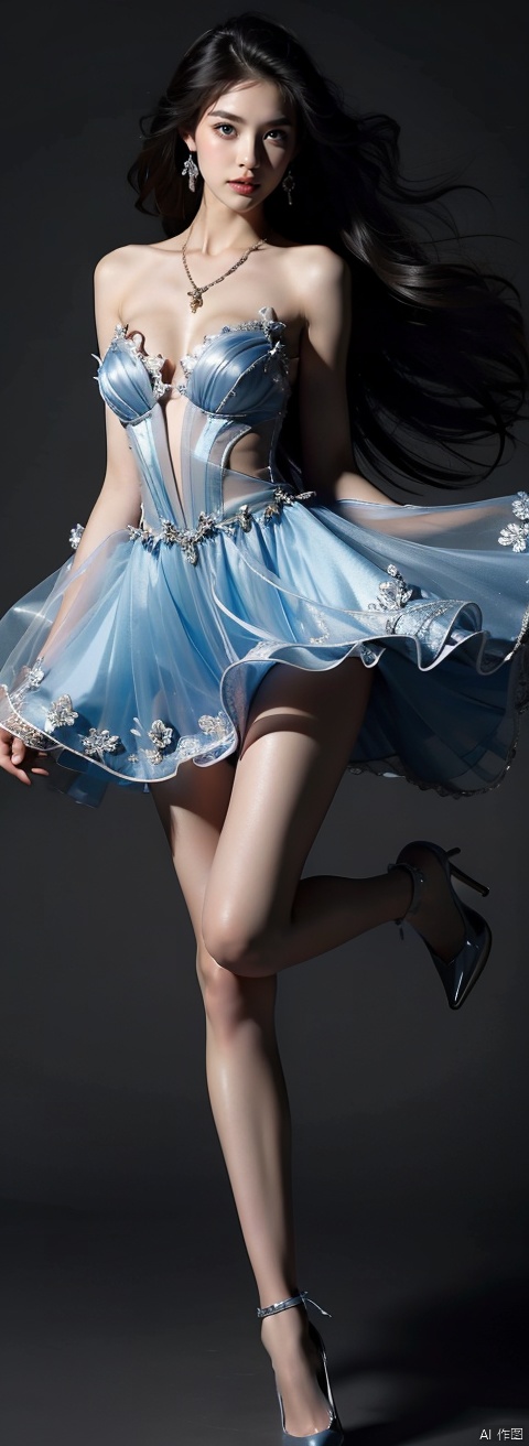  ((nsfw)),nude,1 Girl ,Full Body ,bare legs, long hair ,Black Eyes ,Blue Gemstone Earrings ,Necklace ,Bracelet ,Bare Shoulders ,Dresses ,Floating Skirt ,Ribbon Pantyhose ,Black Pantyhose,High Heels, (Dynamic Pose: 1.2), Ray Tracing ,Gradient Background, Pastel Colors ,Blue ,Red ,Background Text ,(Magazine Cover) ,RAW Photo, (Film Grare: 1.2) ,Masterpiece ,High Resolution, HM, 1 Girl