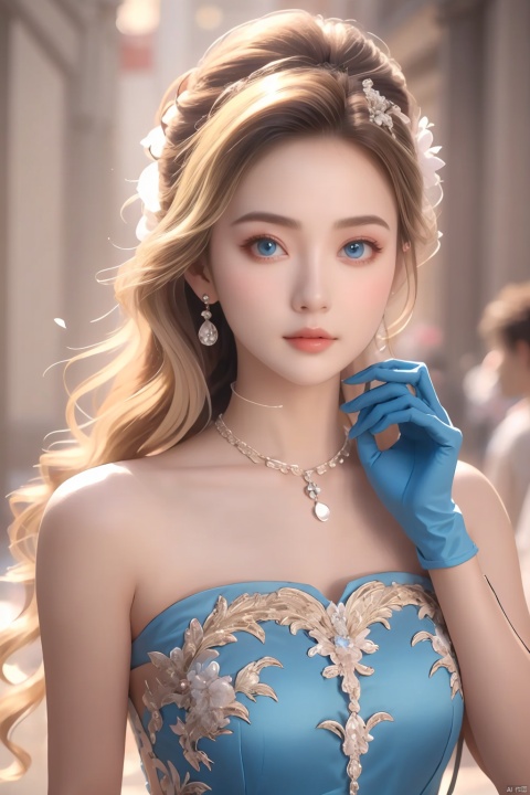  masterpiece,best quality,4k,realistic,1girl,navia,solo,long hair,looking at viewer,blue eyes,blonde hair,gloves,bare shoulders,jewelry,upper body,simple background