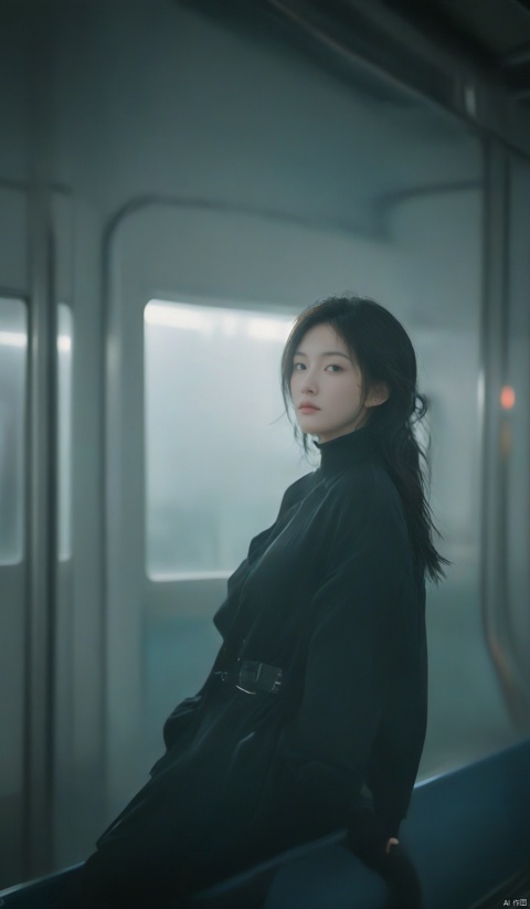  chinese girl,photograph,hyperrealism,cinematic color grading,cyberpunk,1girl,woman,beautiful,brightly lit interior,in a Romantic Goth train station, film